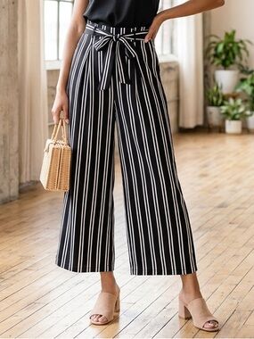 High-Waist Black and White Striped Wide Leg Pants with Tie Belt